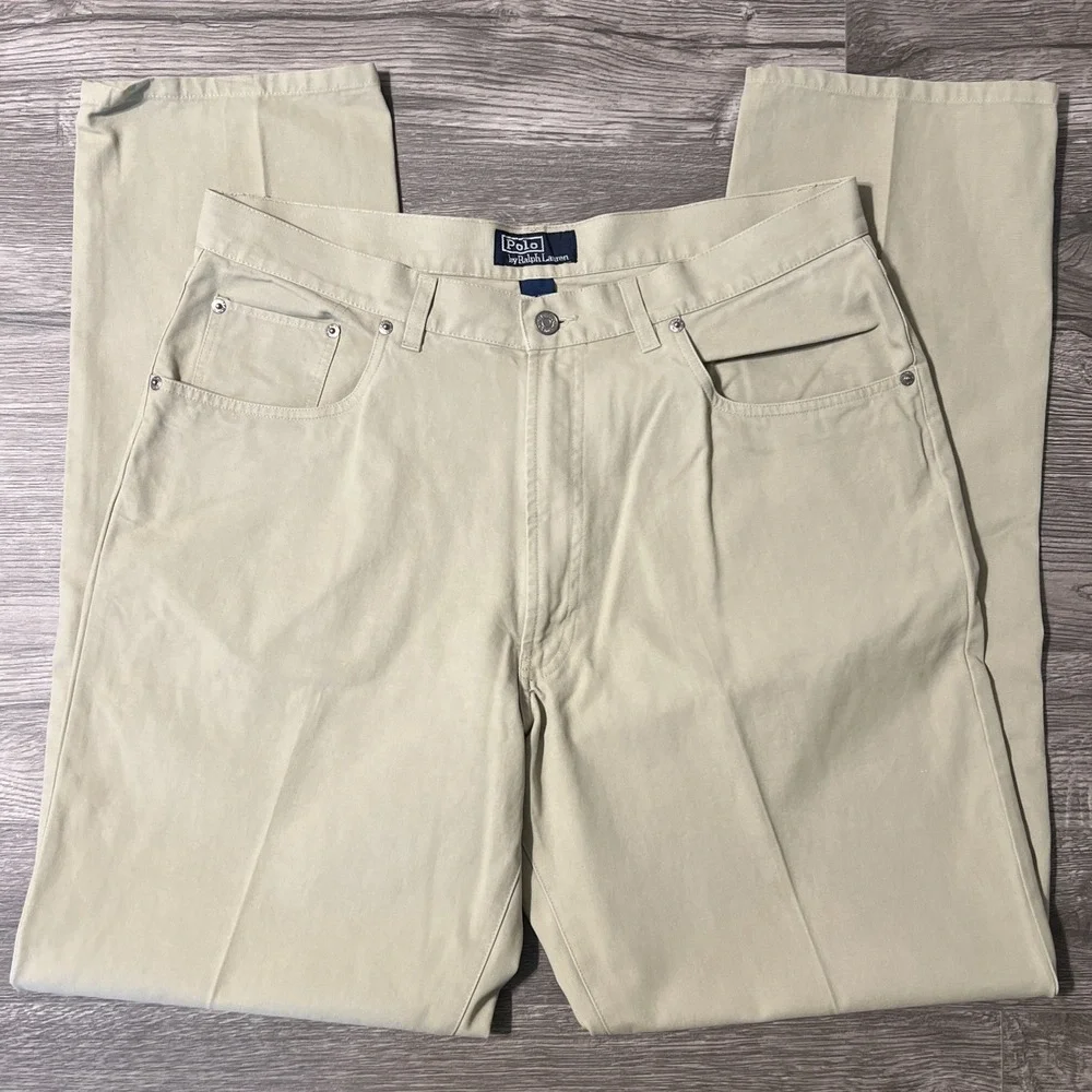 Vintage 90s Polo Ralph Lauren 5 Pocket Twill Tan Straight Leg Pants Size 36x34